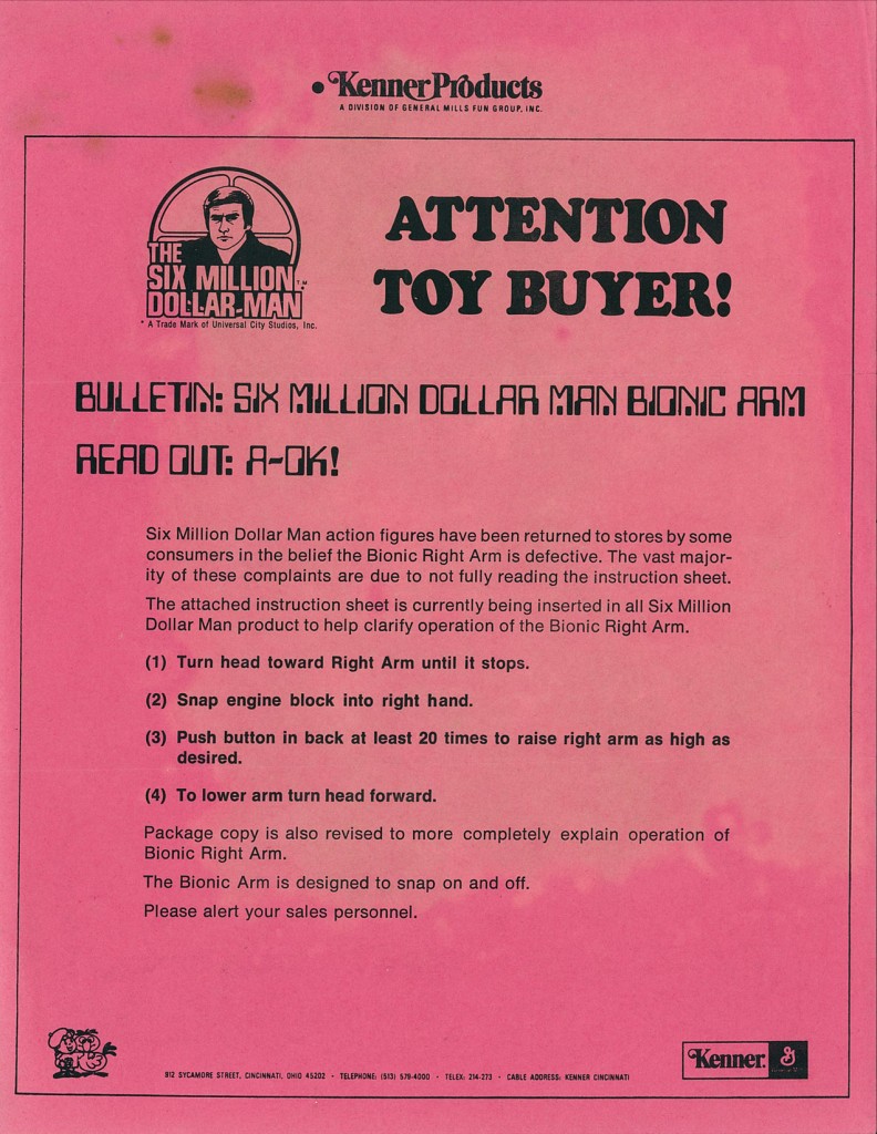 Kenner Six Million Dollar Man Sales Personnel Alert Sheet