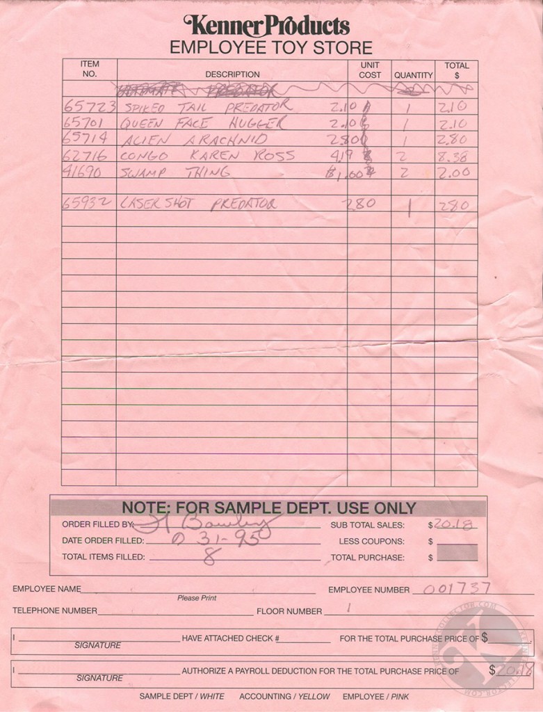 Kenner Employee Toy Store Receipt